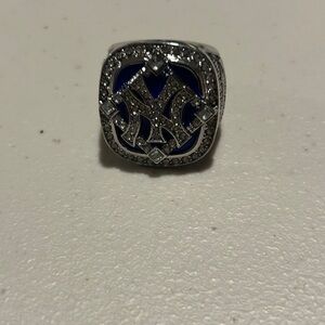 Men's Silver-tone NY Logo Statement Ring with Blue Enamel